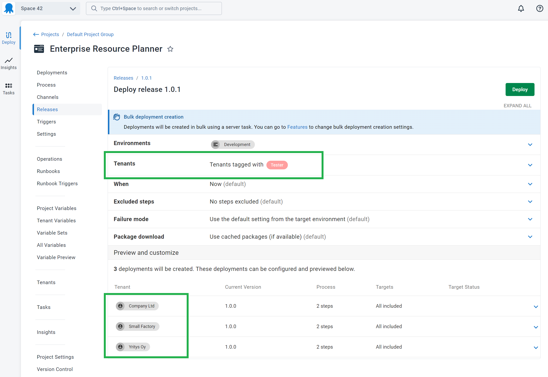A screenshot showing the deployment preview when selecting tenants tagged with Tester